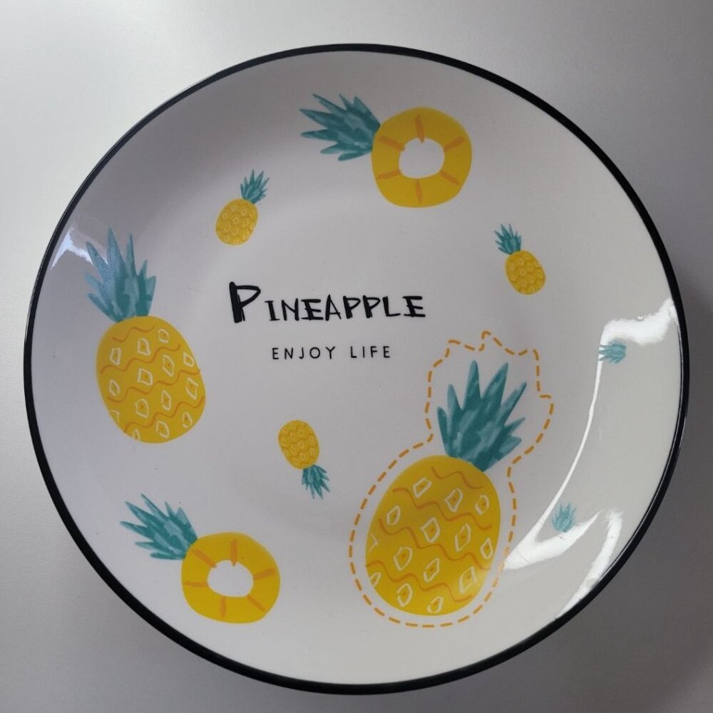 Pineapple Enjoy Life Plate Bowl Dish Set 4 Piece Raise Side Yellow Ceramic Fruit - Picture 5 of 7